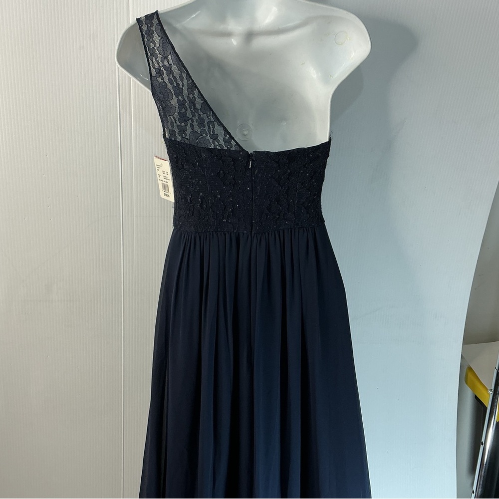 David's Bridal Navy Strapless Lace Bodice Gown with Beaded Waist - Picture 3 of 9